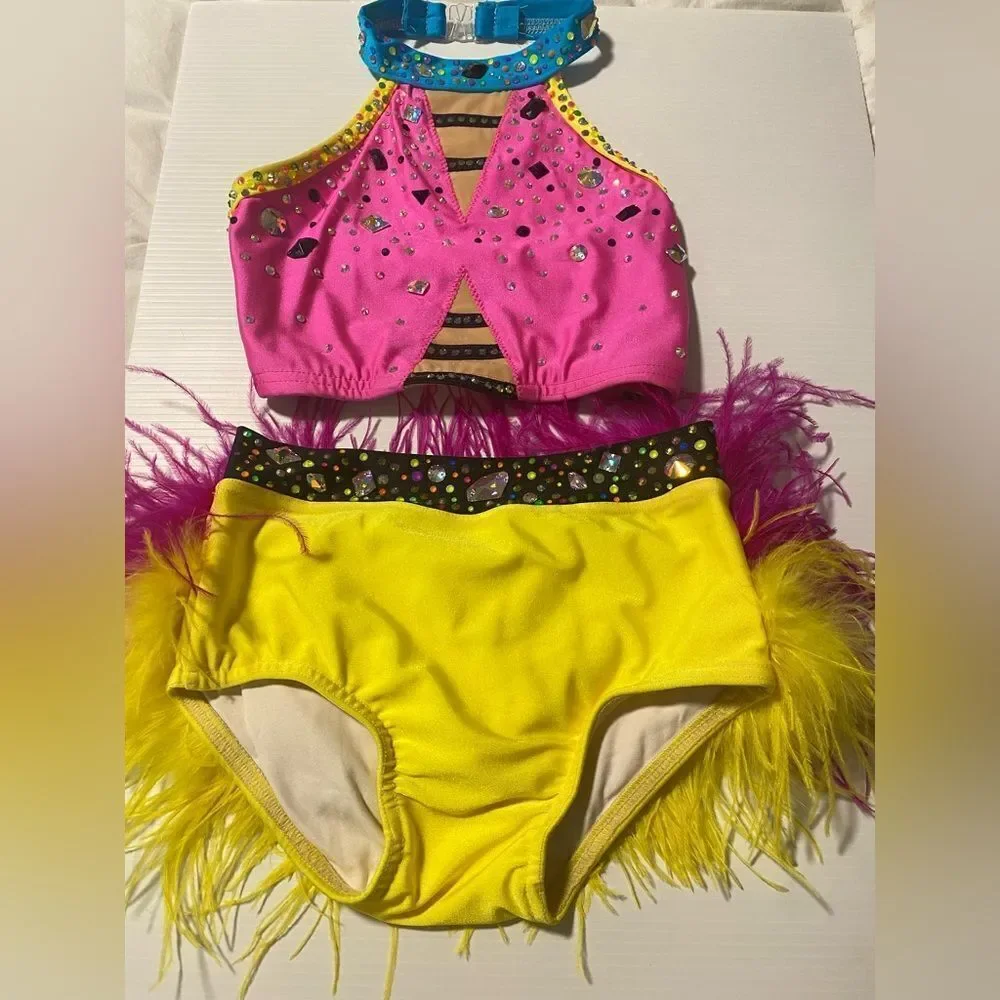 Custom solo dance costume sassy feather contemporary jazz 2 piece LC child/SA